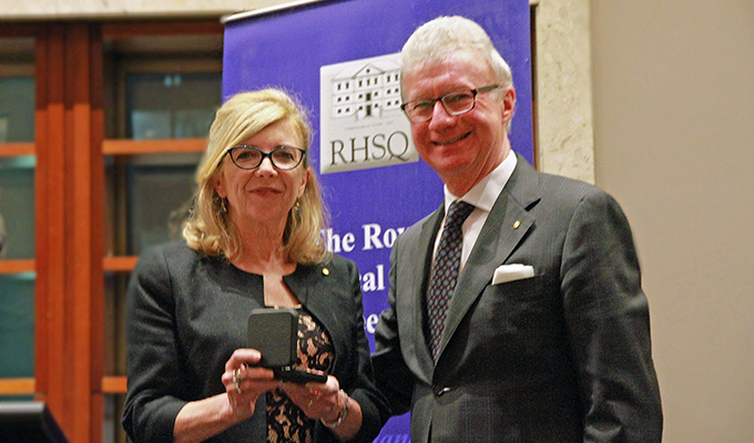 Professor Ann McGrath receiving the 2016 John Douglas Kerr Medal from Paul De Jersey Governor of Queensland